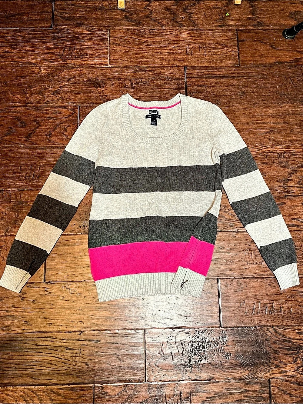 Tommy Hilfiger Pima Cotton Striped Crewneck Sweater - Gray & Hot Pink S